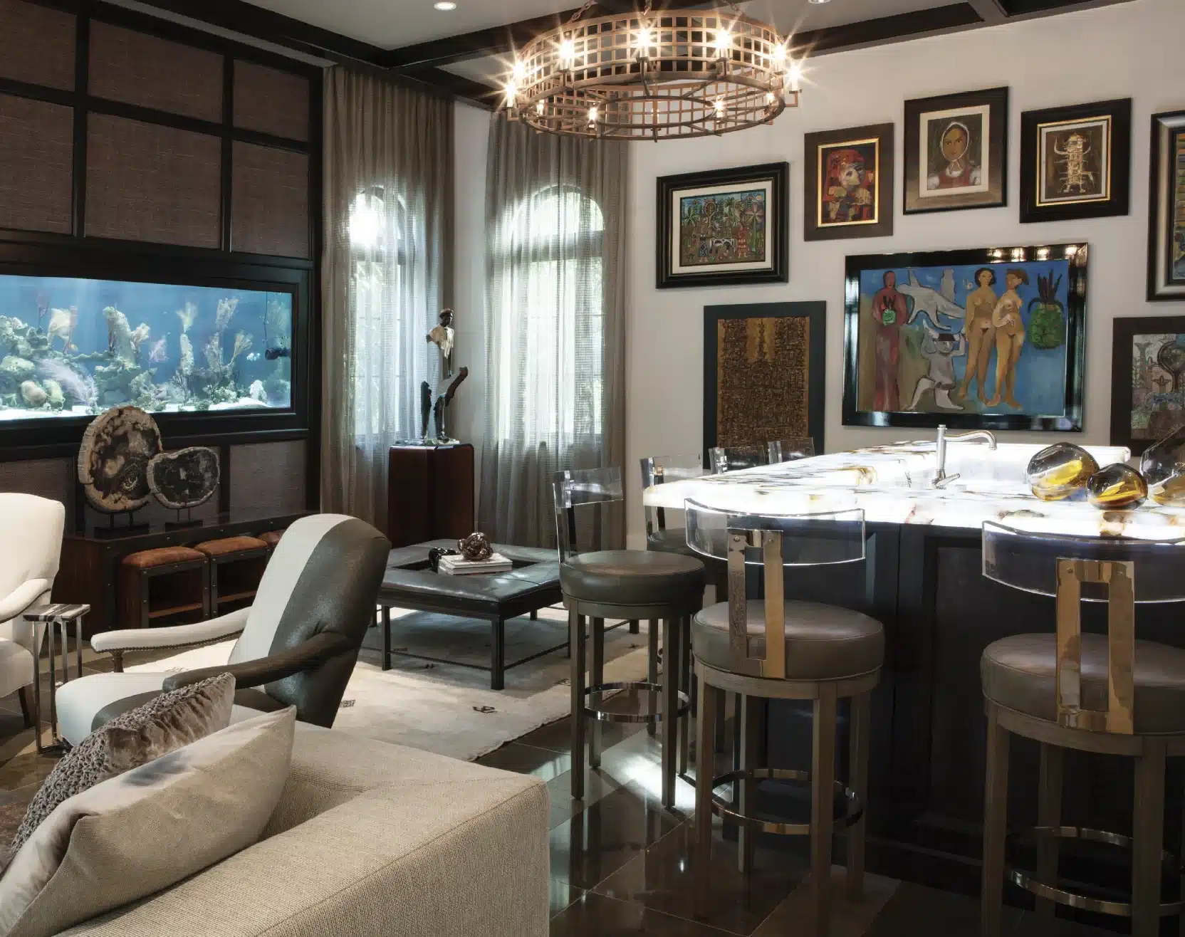 bar with overhead lamp